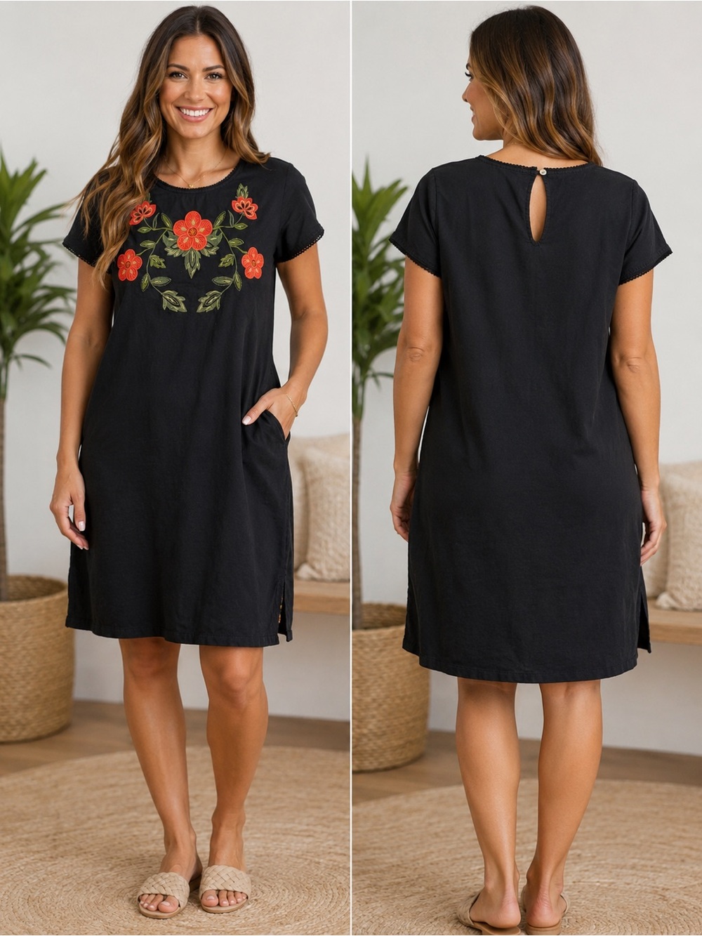 THML Black‎ Dress with Coral and Olive Floral Embroidery